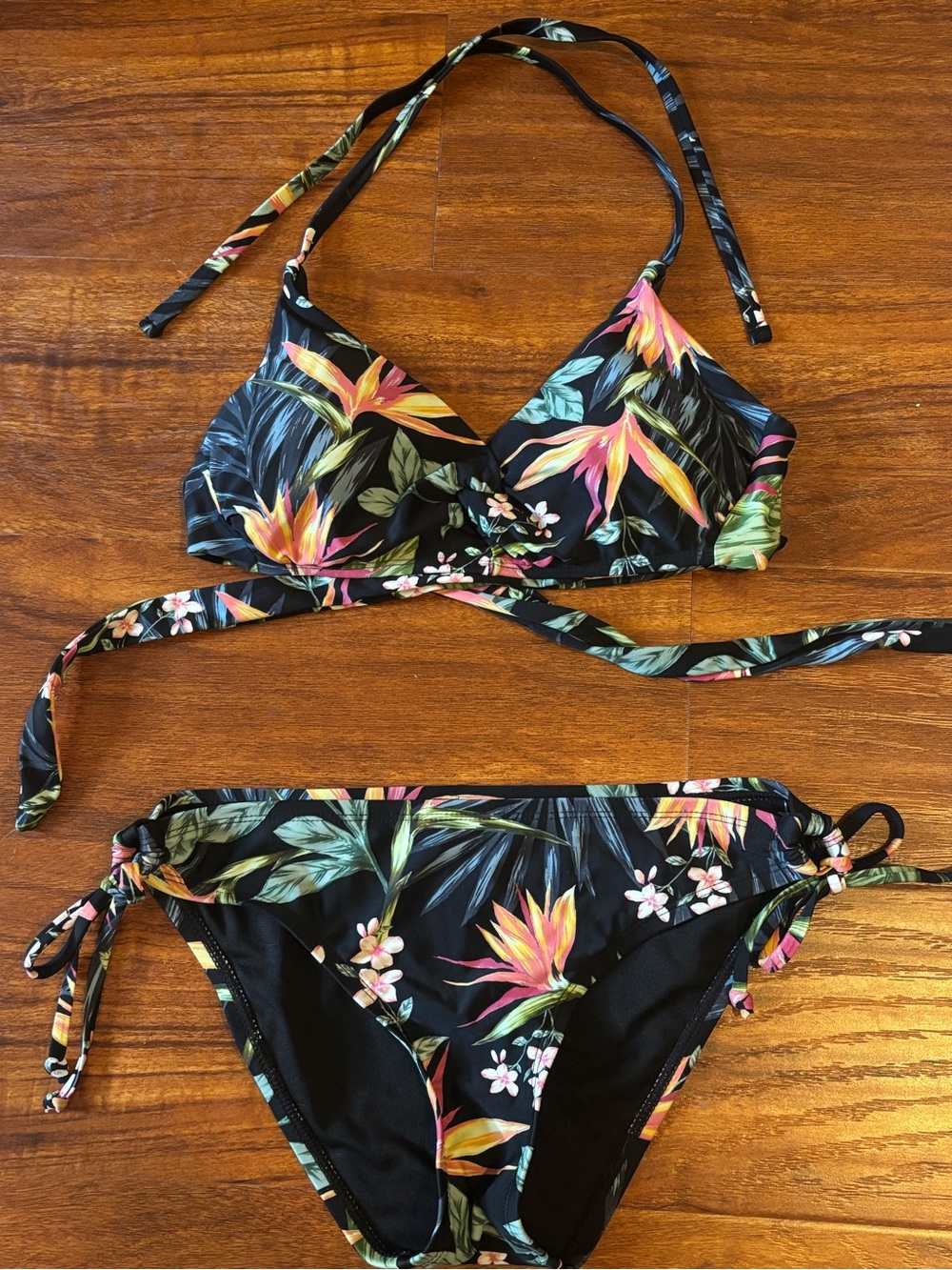Kona Sol Tropical Floral Black Tie-Back Bikini top and Bottom Set Medium